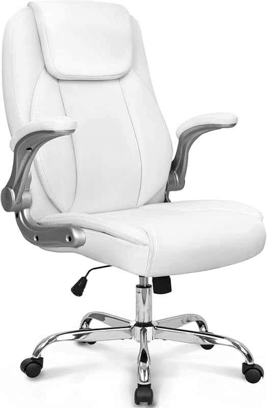 Ergonomic White PU Leather Gaming Chair, High-Back with Flip-up Arms a