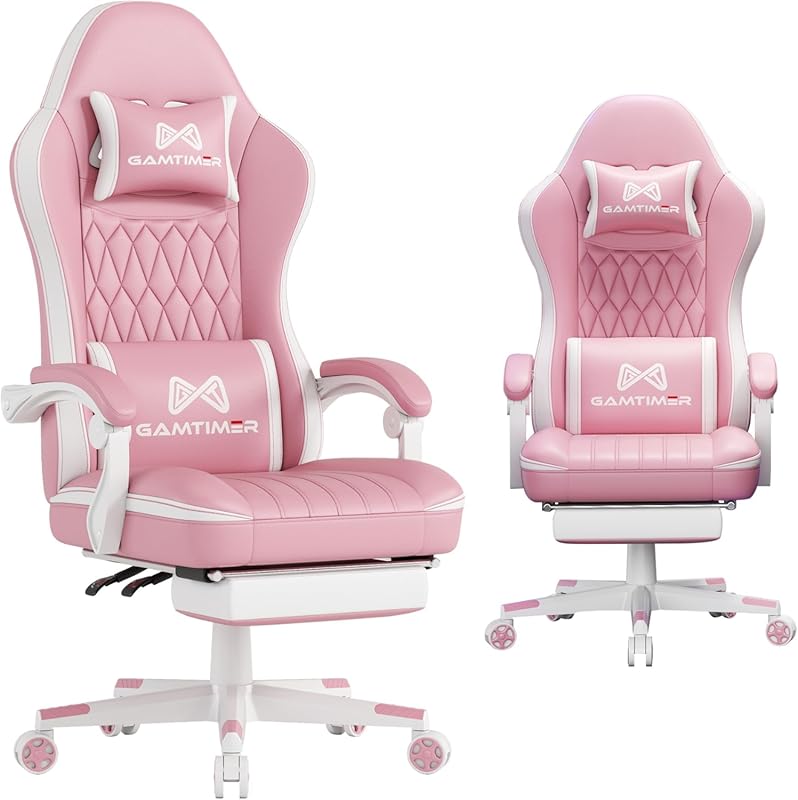 Ergonomic Pink Gaming Chair for Women, with Footrest, Headrest, and Lu